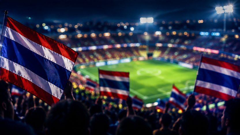 แฟนบอลโบกธงชาติไทยบนอัฒจันทร์ยามค่ำคืน